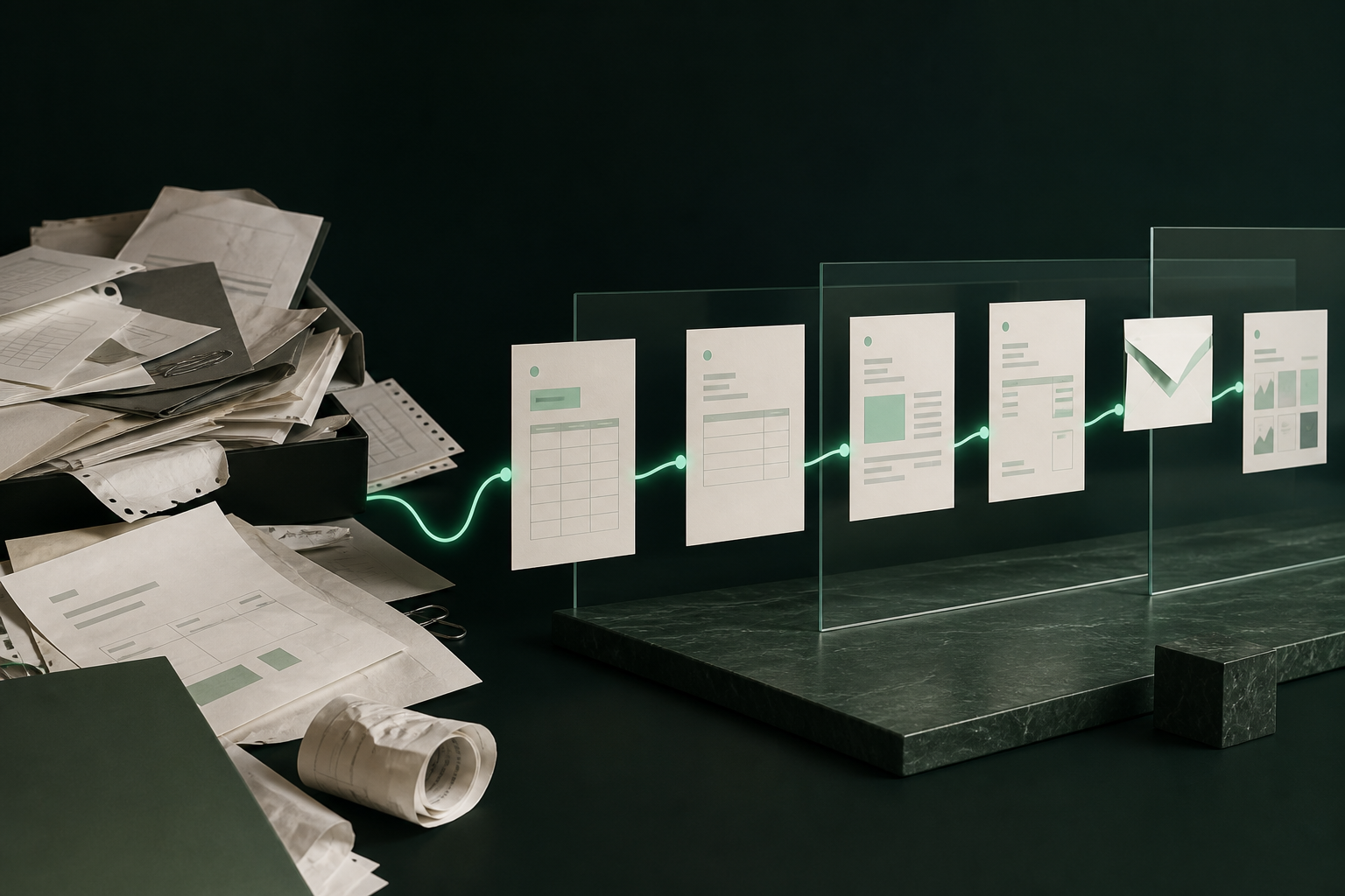 Documentos desordenados que se transforman en un flujo de trabajo claro